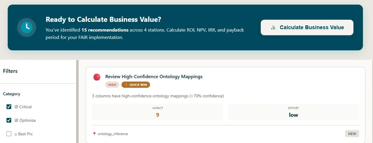 The sample dataset's recommendations: impact and effort on every card, with a business-value calculation offered across all of them